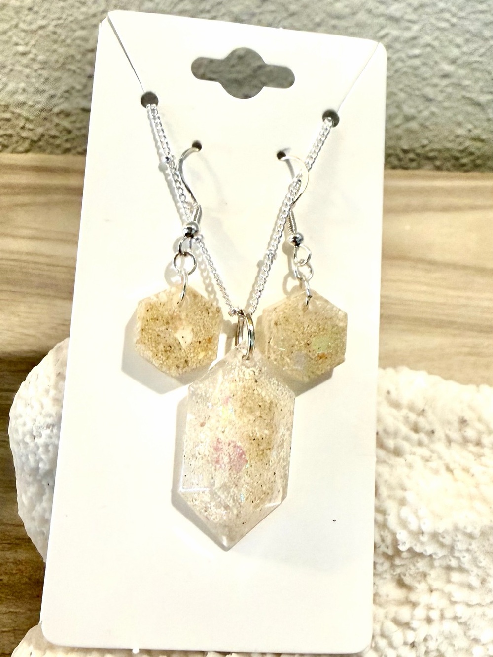 133. Antigua beach sand Resin Pendant Necklace & Earring Set